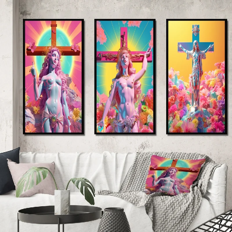 vintage nature-inspired canvas paintings-Designart "Barbie Jesus On The Cross III" Christianism Framed Wall Art Set Of 3 Traditional Gallery Set For Office Decor