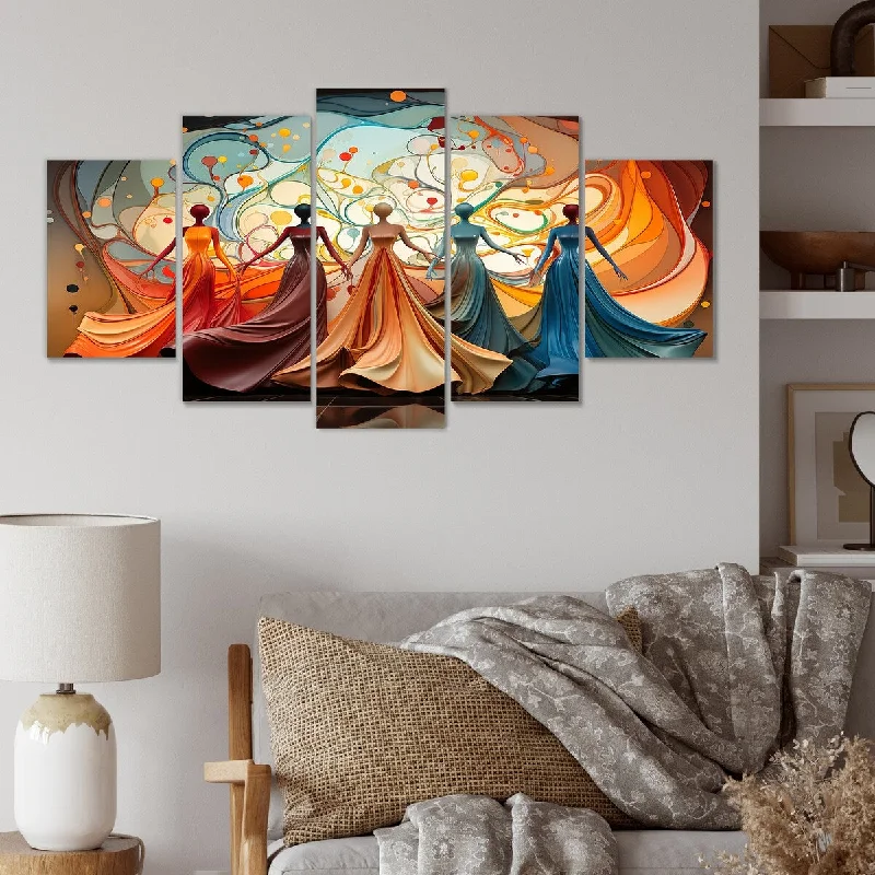 creative large tropical landscape canvas paintings-Designart "Blue And Orange Ballet Women Grace" Blue Ballet Set Of 5 - Glam Oversized Canvas Art For Bedroom Decor