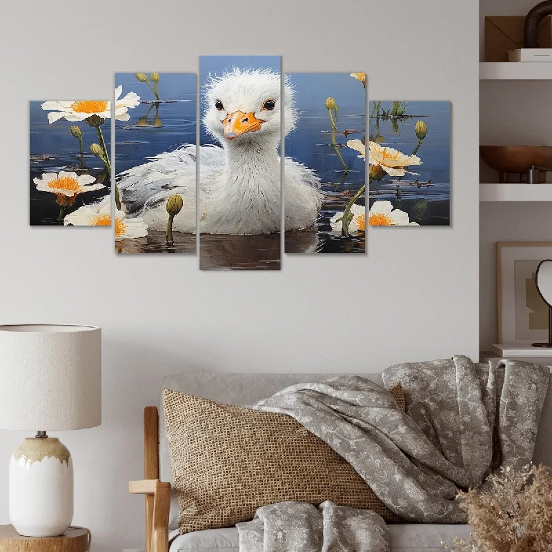 modern vintage abstract floral paintings-Designart "Blue And White Tranquil Duck Swim I" Duck Set Of 5 - Modern Farmhouse Oversized Canvas Wall Art For Entryway