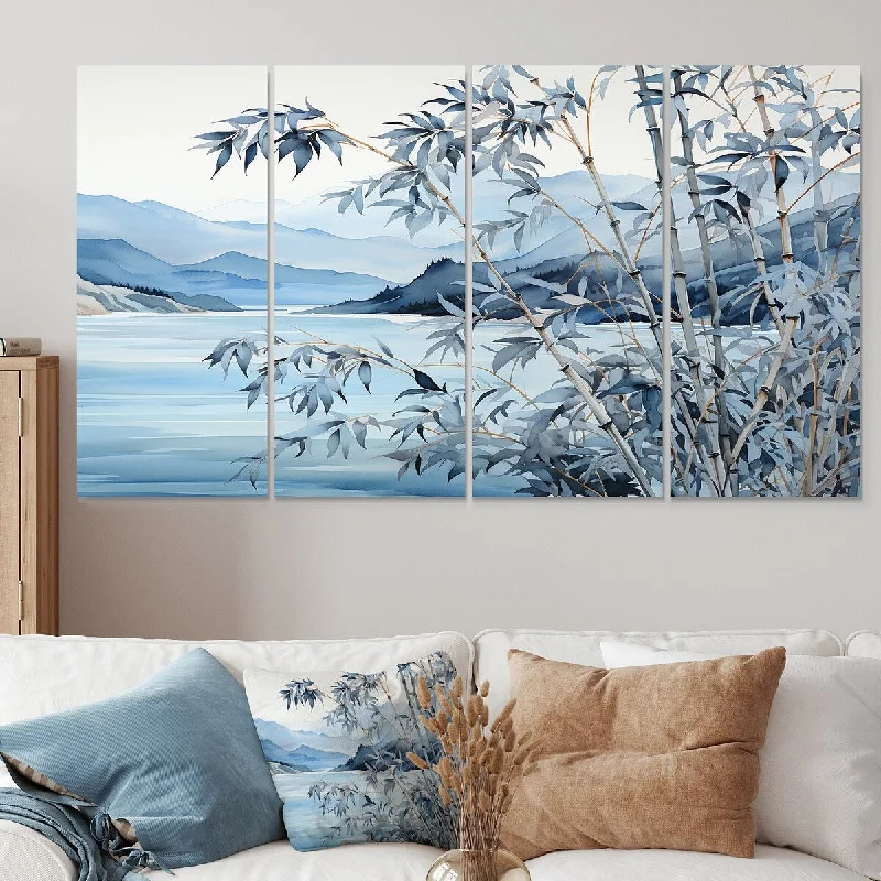 retro tropical nature-inspired wall art-Designart "Blue Bamboo Tranquility I" China Art Extra Large Canvas Set Of 4 - Oversized Global Art For Bedroom Decor