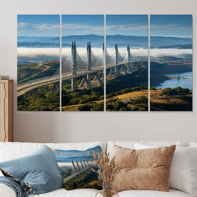 artistic abstract geometric cityscape paintings-Designart "Blue Viaduct Bridge Sunrise In Italy I" Bridges Extra Large Canvas Set Of 4 - Oversized Traditional Wall Art