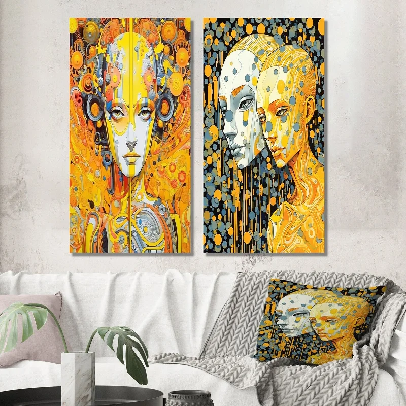 geometric artistic beach landscape paintings-Designart "Charming Robots In Love Retro Illustration" Robot Wall Art Set of 2 - Modern Gallery Set For Office Decor