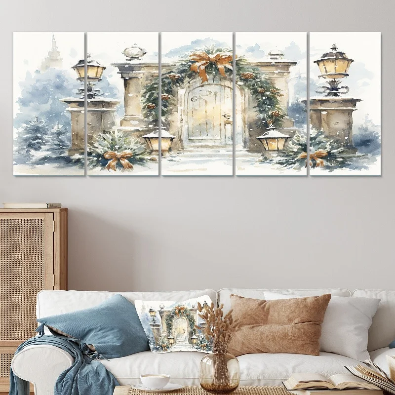 creative geometric cityscape paintings-Designart "Christmas Garland Door In Winter IV" Winter Landscape Set Of 5 Oversized Canvas Art For Bedroom Decor