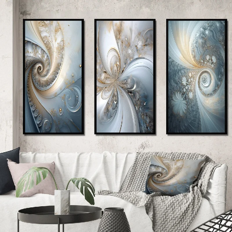 colorful geometric botanical canvas paintings-Designart "Cosmic Bliss Fractal Spiral II" Fractals Framed Wall Art Set Of 3 - Transitional Gallery Set For Office Decor