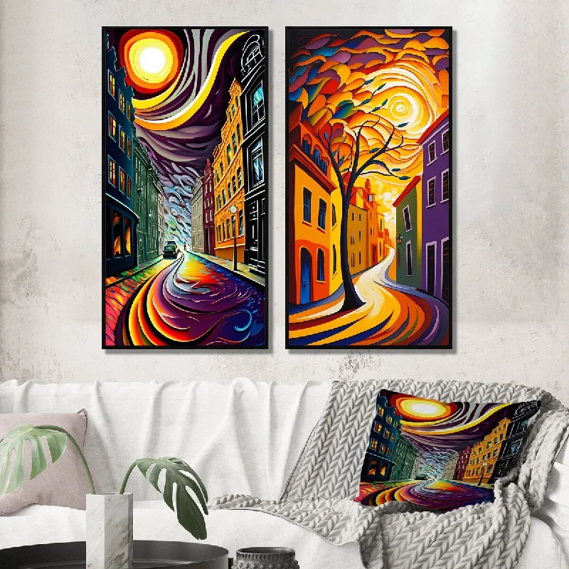 vibrant modern abstract nature paintings-Designart "Dynamic Cityscape In Retro Colors III" City Buildings Wall Art Décor Gallery Wall Set For Home Decor