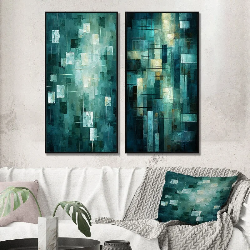 tropical floral abstract canvas paintings-Designart "Evanescence Of Dreams Retro Abstract Turquoise III" Abstract Painting Framed Wall Art Set Of 2