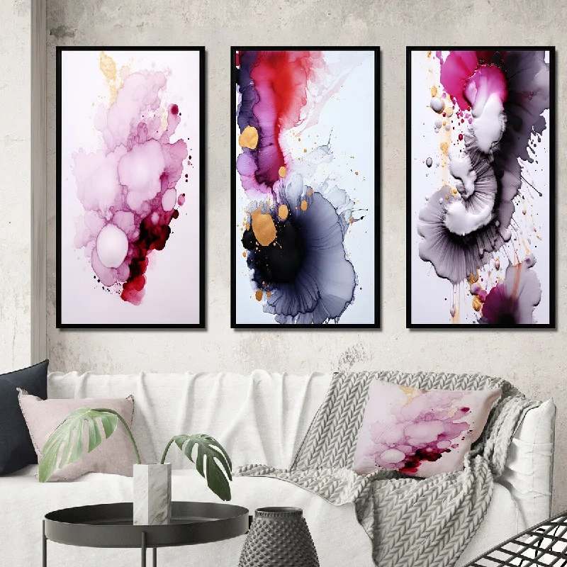 large retro tropical floral paintings-Designart "Exquisite Fluidity Magenta Ink Clouds" Abstract Painting Framed Wall Art Set Of 3 - Modern For Office Decor