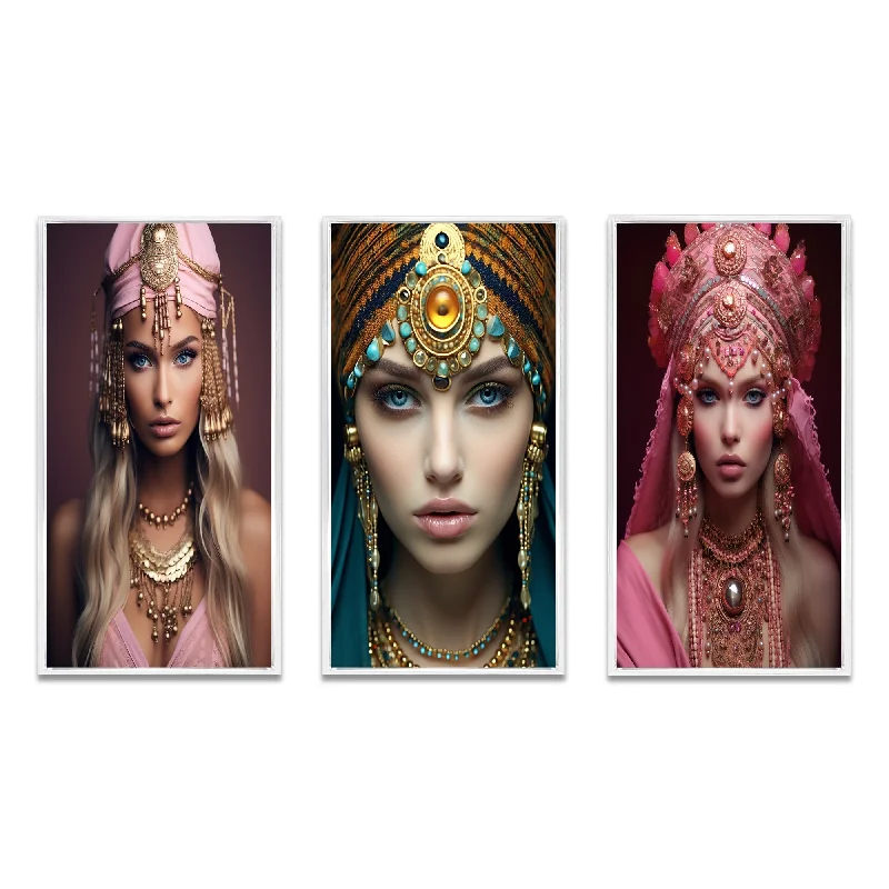 contemporary nature geometric canvas art-Designart "Exquisite Grace Portrait Of Boho Queen I" Boho Woman Framed Wall Art Set Of 3 - Glam For Office Decor