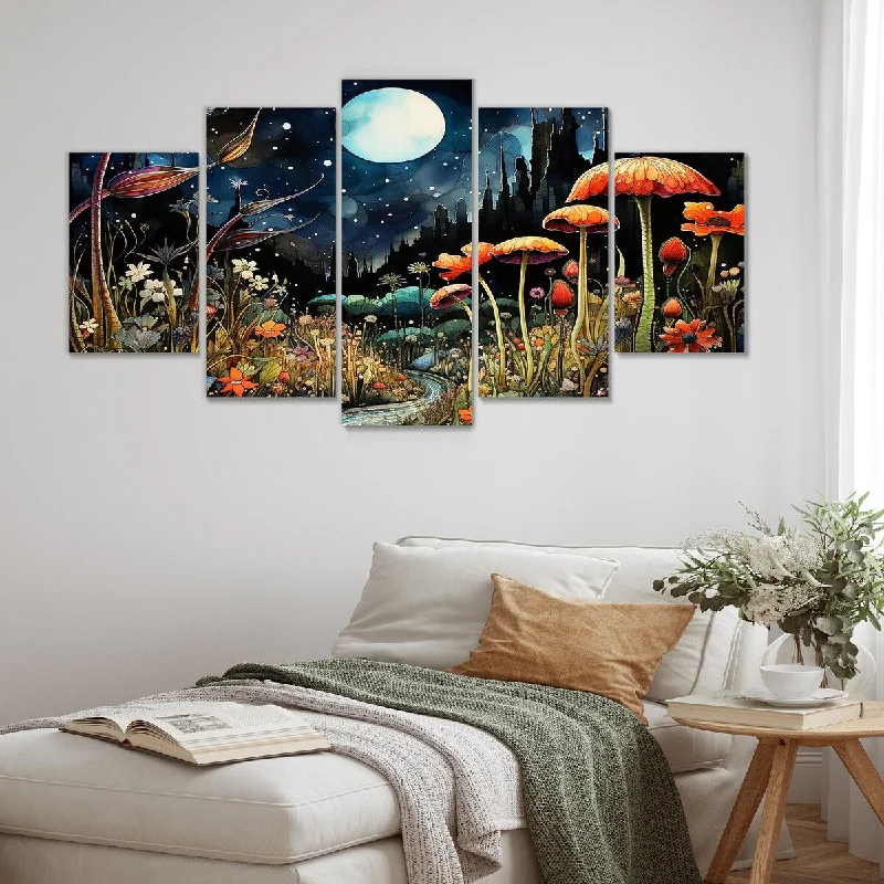 vintage large floral abstract paintings-Designart "Fantasy Mushroom Daydream I" Abstract Landscapes Set Of 5 Modern Oversized Canvas Art Print For Home Decor