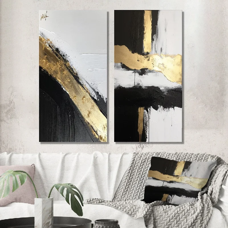 large geometric landscape canvas paintings-Designart "Geometric Essence Minimal Abstract Gold Painting I" Abstract Wall Art Set of 2 - Modern Wall Art For Bedroom