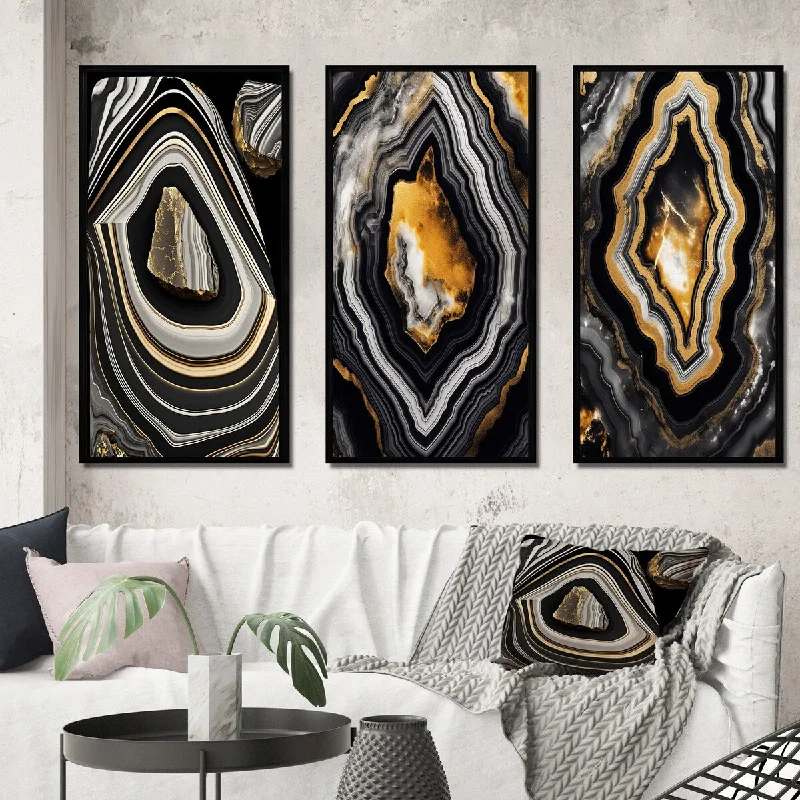 nature-inspired floral abstract wall art-Designart "Glam Serenity Black Gold Agate III" Abstract Shapes Framed Wall Art Set Of 3 - Transitional For Office Decor