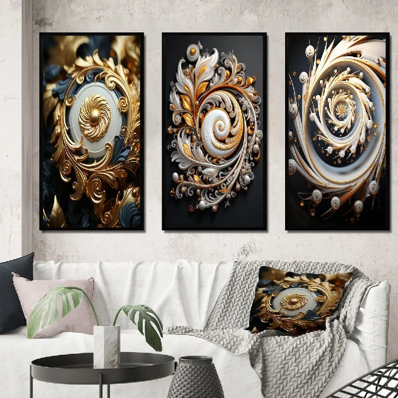 geometric abstract beach nature paintings-Designart "Golden Ornament Pattern On Black" Abstract Spirals Framed Wall Art Set Of 3 - Transitional For Office Decor