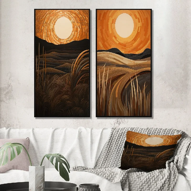 artistic large tropical floral paintings-Designart "Golden Sunset In The Retro Mountain Meadows III" Meadow Wall Art Décor Gallery Set For Office Decor