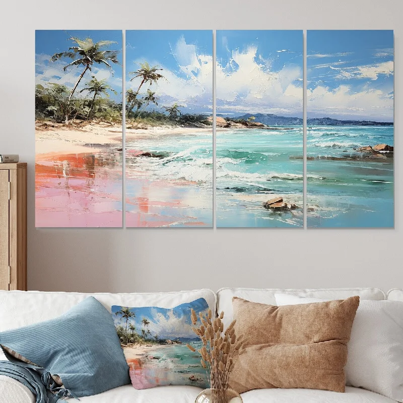 bold retro tropical floral paintings-Designart "Green Tropical Beach Escape I" Coastal Tropical Extra Large Canvas Set Of 4 - Oversized Coastal Wall Art