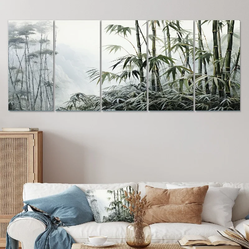 bold abstract cityscape canvas wall paintings-Designart "Grey And Green Bamboo Tranquility II" China Art Set Of 5 - Global Oversized Canvas Art Print For Home Decor