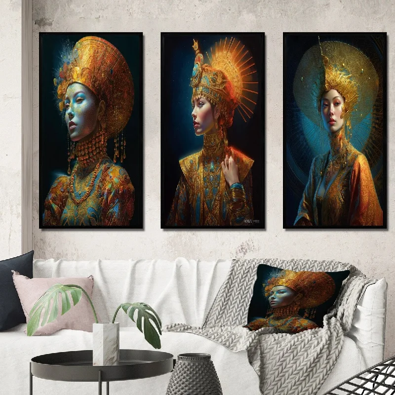 modern geometric abstract floral paintings-Designart "High Fashion Light Goddess Eiko Ishioka III" Asian Woman Framed Wall Art Set Of 3 - Glam For Office Decor