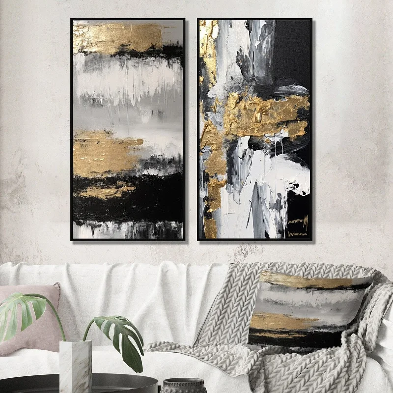 bold geometric nature canvas paintings-Designart "Horizontal Dimensions Abstract Gold Black II" Abstract Painting Framed Gallery Wall Set For Home Decor