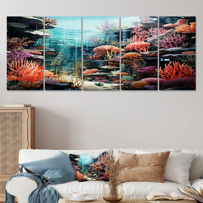 geometric abstract floral landscape paintings-Designart "Life In Coral Reef Paradise II" Blue Coastal Tropical Set Of 5 Coastal Oversized Canvas Art For Bedroom Decor