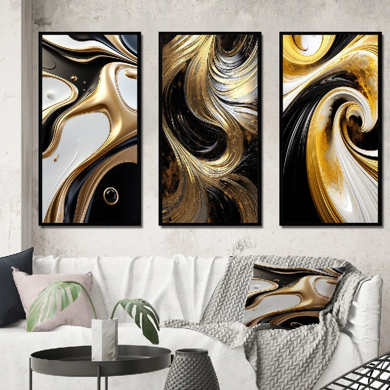 modern vintage tropical landscape paintings-Designart "Liquid Gold Black White Abstract Minimal Swirl" Abstract Spirals Frame Gallery Wall Set Of 3 For Home Decor