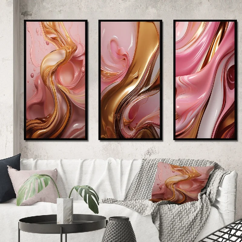 bold contemporary tropical nature paintings-Designart "Liquid Pink & Gold Succulent Glam Art Alchemy I" Abstract Shapes Frame Gallery Set Of 3 For Office Decor