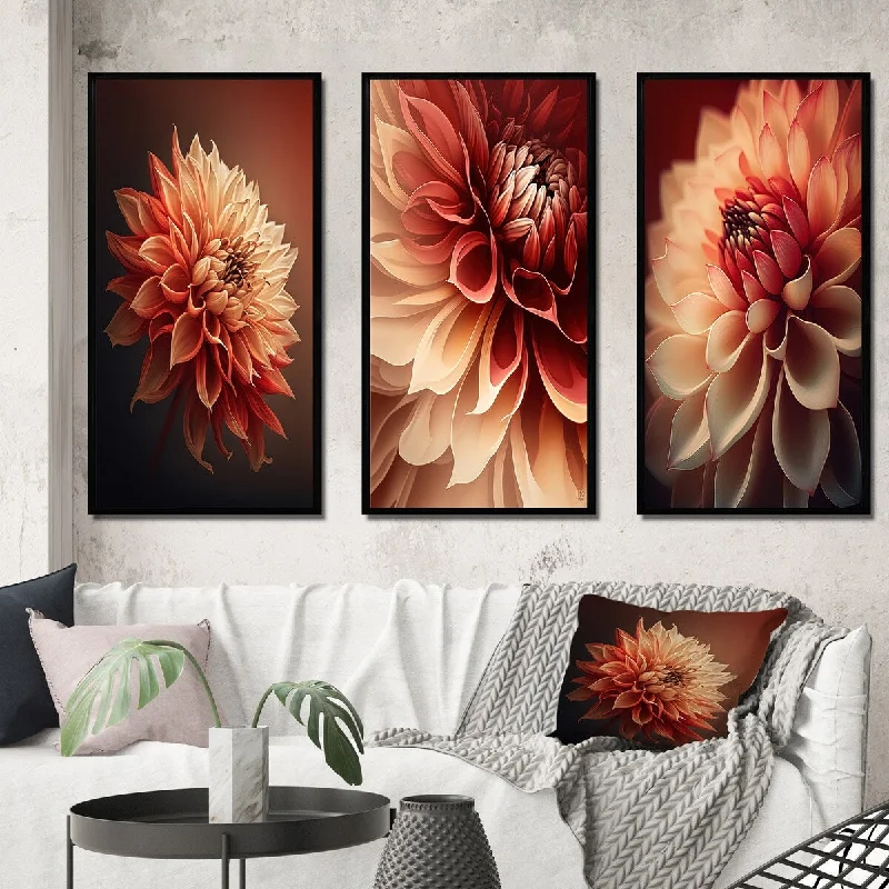 coastal modern abstract geometric paintings-Designart "Orange Dahlia Flower III" Floral Dahlia Framed Wall Art Set Of 3 Traditional Gallery Wall Set For Home Decor