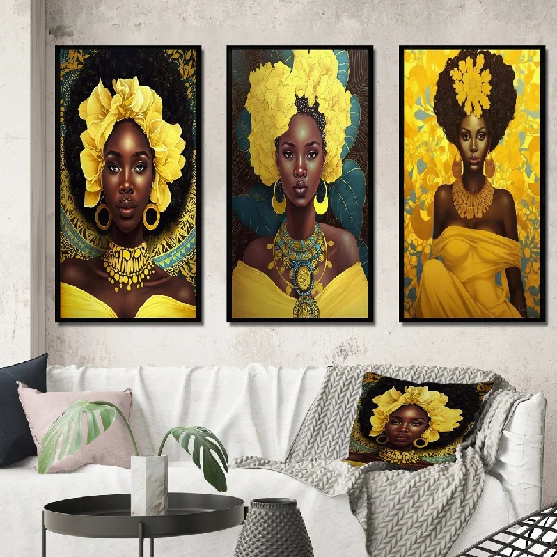 modern geometric abstract floral paintings-Designart "Orisha Oshun African Goddess In Yellow III" African American Woman Frame Gallery Set Of 3 For Office Decor