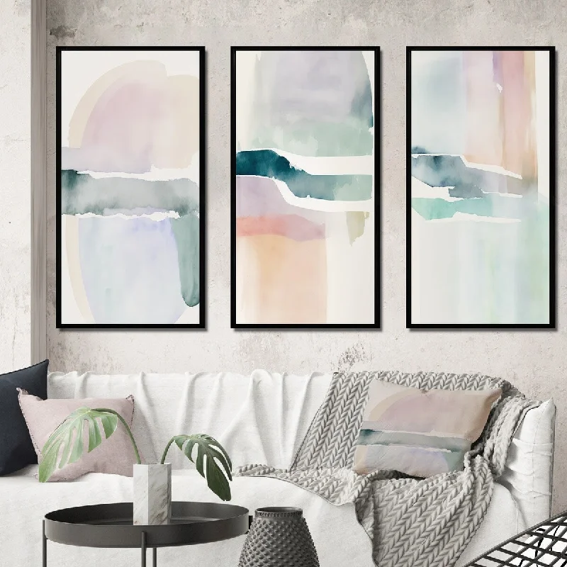 oversized abstract geometric cityscape paintings-Designart "Pastel Serenity I" Abstract Liquid Ink Framed Wall Art Set Of 3 Modern Frame Gallery Wall Set For Home Decor