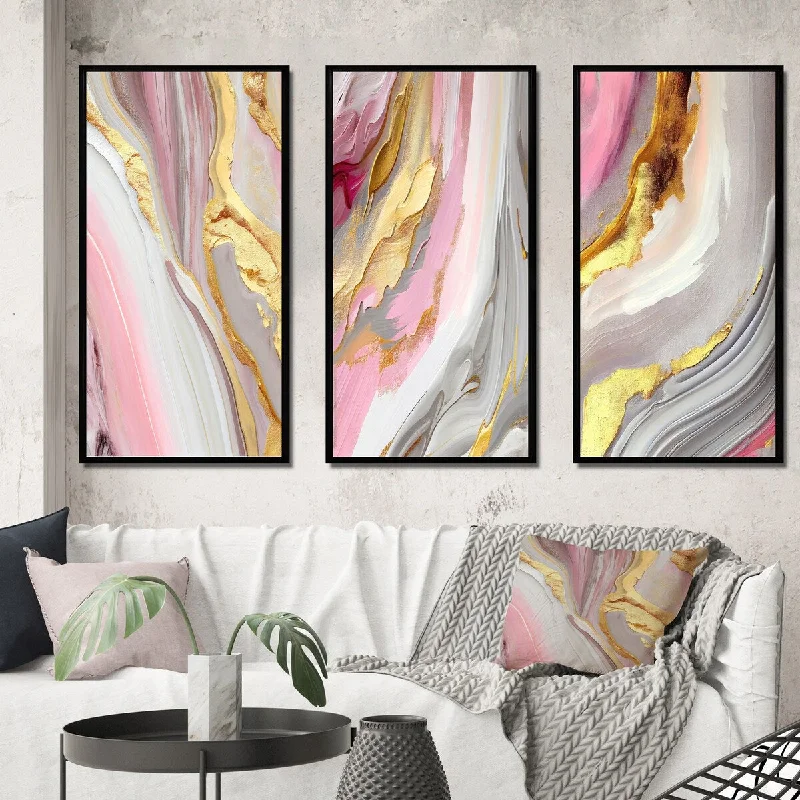 creative botanical vintage canvas paintings-Designart "Pink And Gold Marble Abstract III" Abstract Framed Wall Art Set Of 3 - Modern Gallery Set For Office Decor