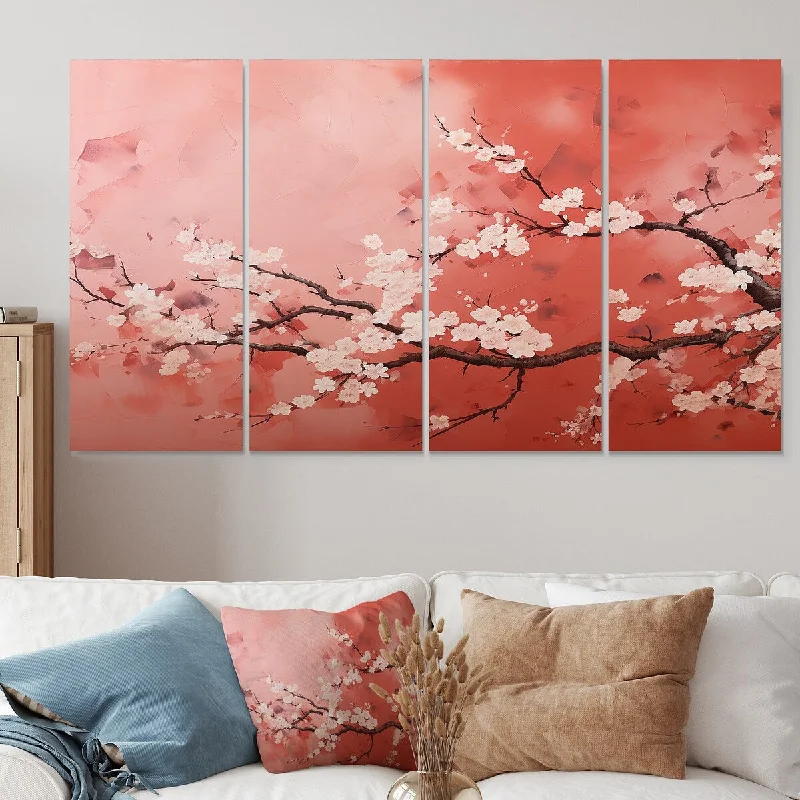 vintage nature floral abstract paintings-Designart "Pink And White Cherry Blossom Tree IV" Cherry Extra Large Canvas Set Of 4 - Oversized Traditional Wall Art