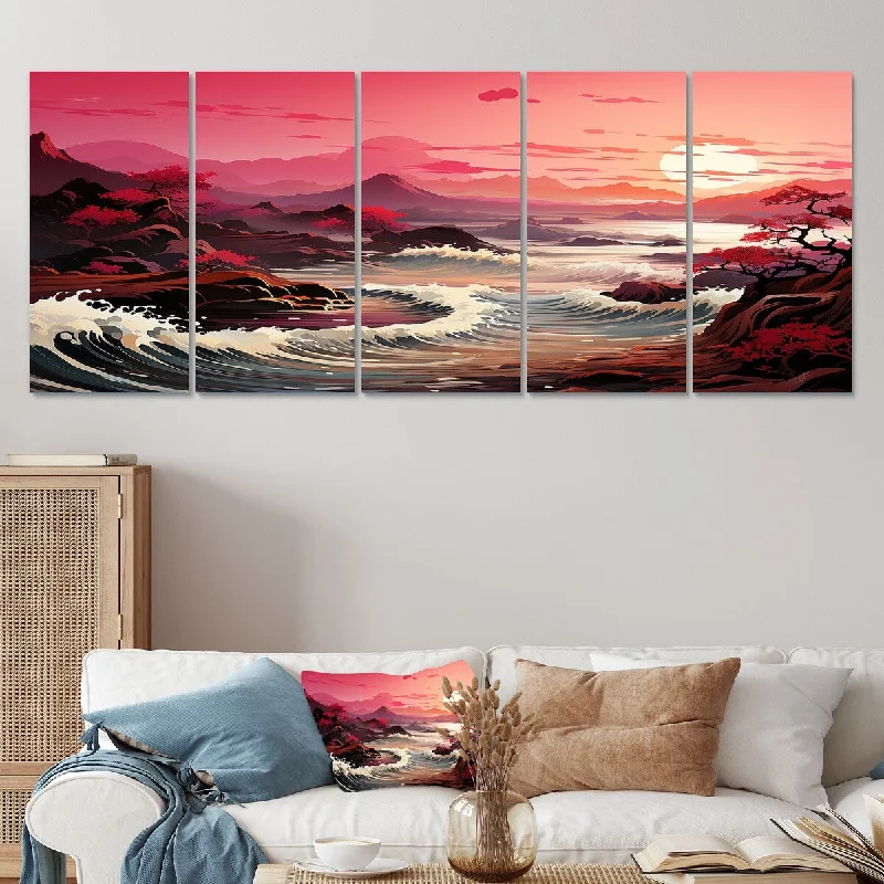 geometric vibrant tropical landscape paintings-Designart "Pink And Yellow Magical Mystic Dusk II" Coastal Sunset Set Of 5 Oversized Canvas Art Print For Home Decor