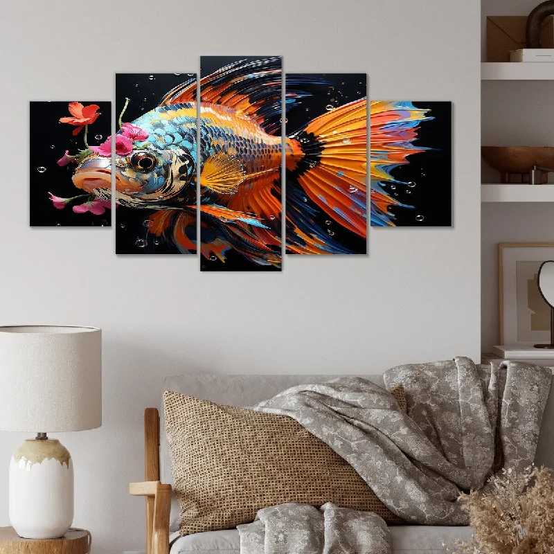 vintage cityscape nature wall canvas paintings-Designart "Pink Butterfly Fish Ocean Dance" Pink Butterfly Fish Set Of 5 - Modern Oversized Wall Art Decor For Hallway