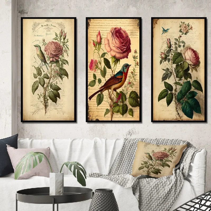 artistic modern cityscape paintings-Designart "Pink Rose On Retro Parchment" Floral Rose Framed Wall Art Set Of 3 - Traditional For Home Decor