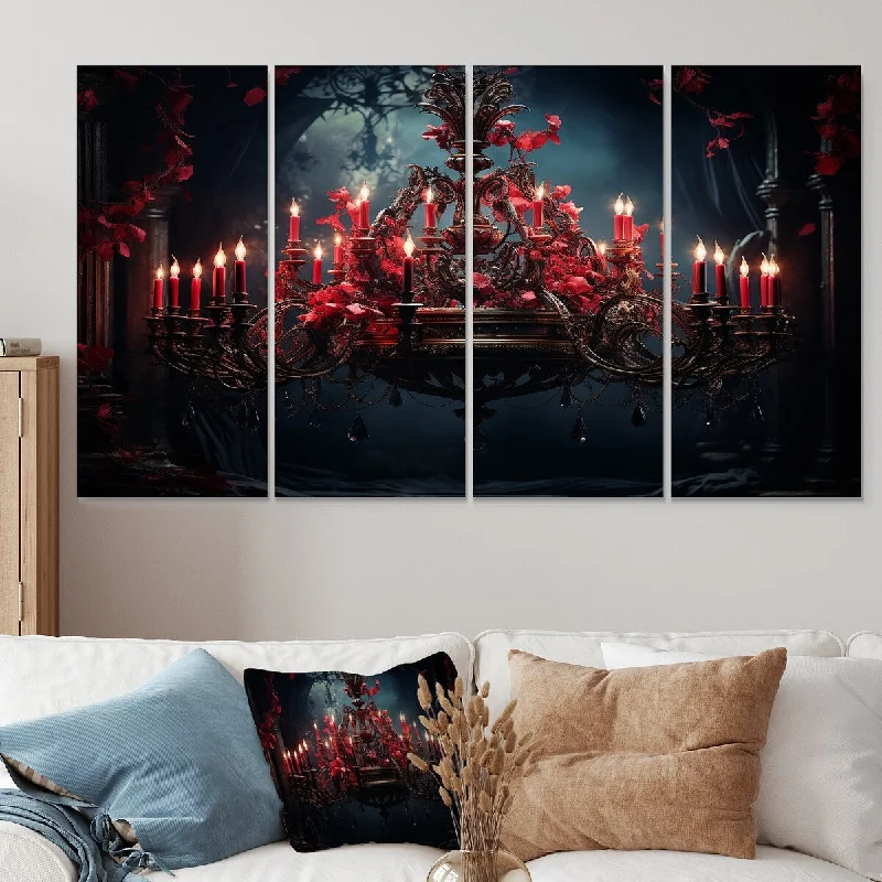 hand-painted coastal landscape wall art-Designart "Red Gothic Chandelier Grace" Chandelier Extra Large Canvas Set Of 4 - Oversized Glam Wall Art For Home Decor