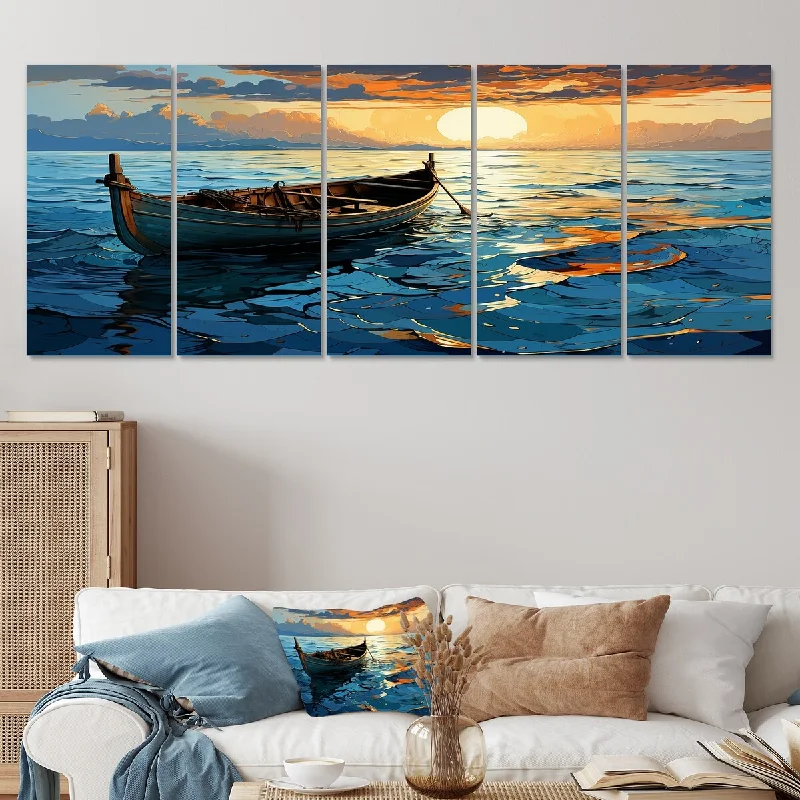 large artistic floral wall canvas paintings-Designart "Sunset Sea Boat Landscape" Blue Coastal Boat Set Of 5 - Coastal Oversized Canvas Art For Bedroom Decor