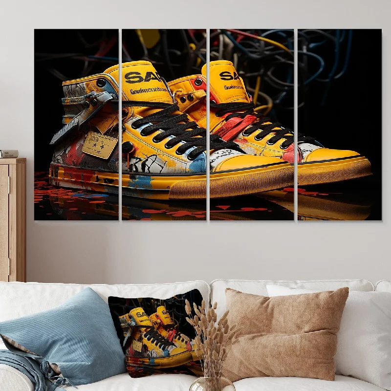 large nature-inspired geometric abstract paintings-Designart "Urban Edge Yellow Sneakers" Balenciaga Extra Large Canvas Set Of 4 - Oversized Glam Wall Art For Home Decor