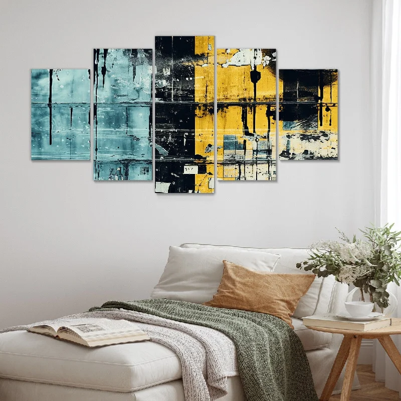 oversized cityscape abstract paintings-Designart "Urban Odyssey Collages II" Yellow Abstract Collages Set Of 5 - Modern Oversized Wall Art Decor For Hallway