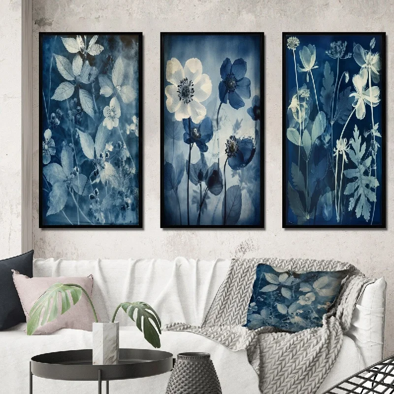 tropical geometric nature paintings-Designart "Vintage Botanical Wildflowers In Faded Blue II" Abstract Botanicals Framed Wall Set Of 3 For Home Decor