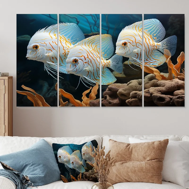 colorful vintage tropical paintings-Designart "White And Blue Butterfly Fish Wonderland" Butterfly Fish Canvas Set Of 4 - Oversized Modern Wall Art