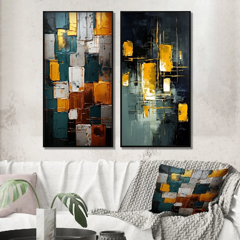 geometric retro landscape paintings-Designart "Yellow Interlude Abstract Expressionism Teal III" Abstract Painting Framed Gallery Set Of 2 For Office Decor