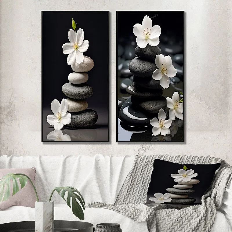 retro abstract cityscape canvas paintings-Designart "Zen Serenity White Flowers Black Stone Cairn III" Spiritual Stone Framed Wall Art Wall Art Set Of 2