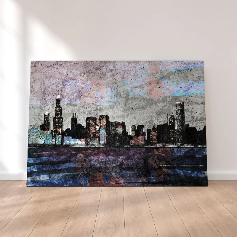 hand-painted abstract geometric cityscape paintings-Dusk Chicago Skyline Canvas Set