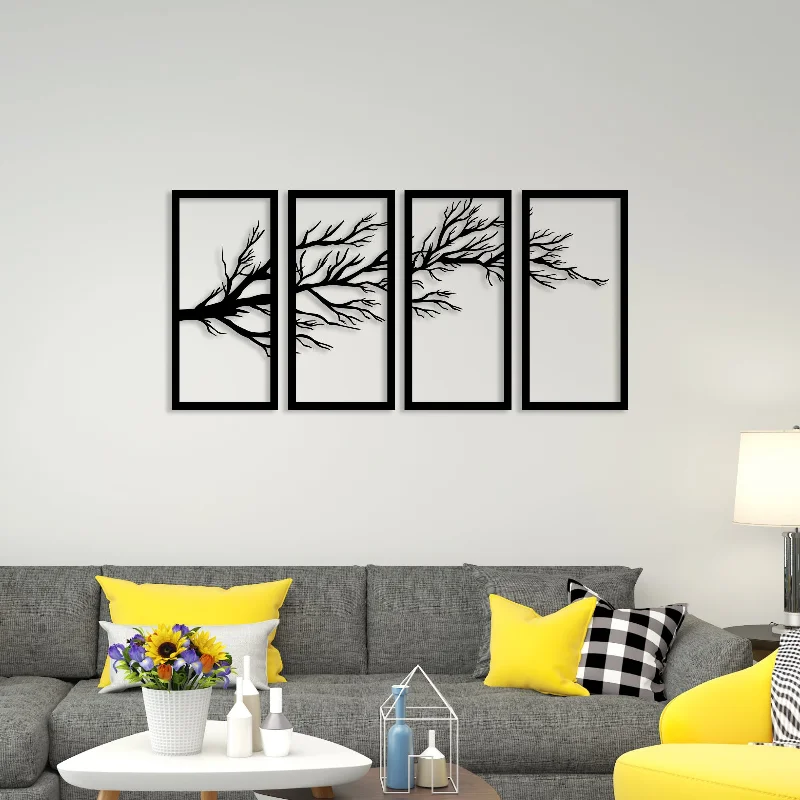 nature-inspired retro beach paintings-Elegant Tree Sprig Metal Wall Art (4 Piece)