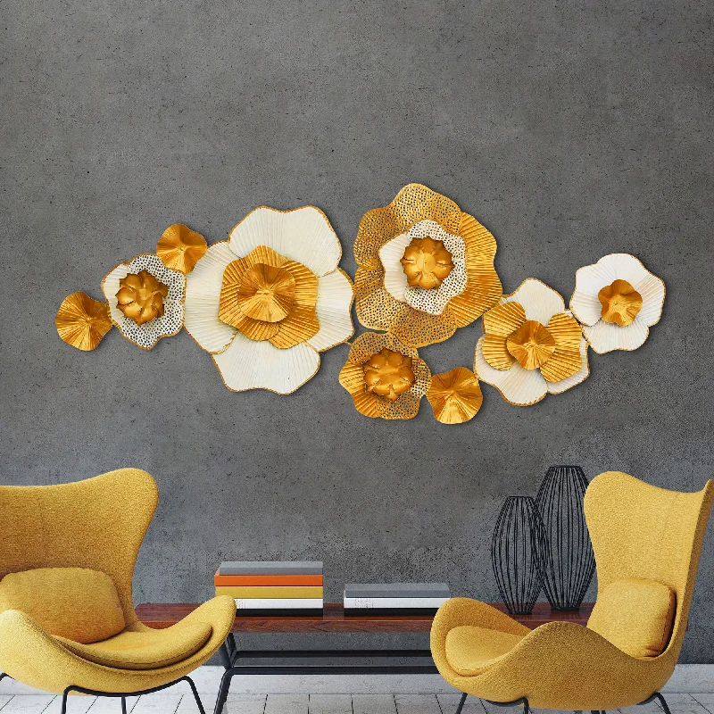 nature-inspired large abstract paintings-Exquisite White & Golden Floral Metal Wall Art