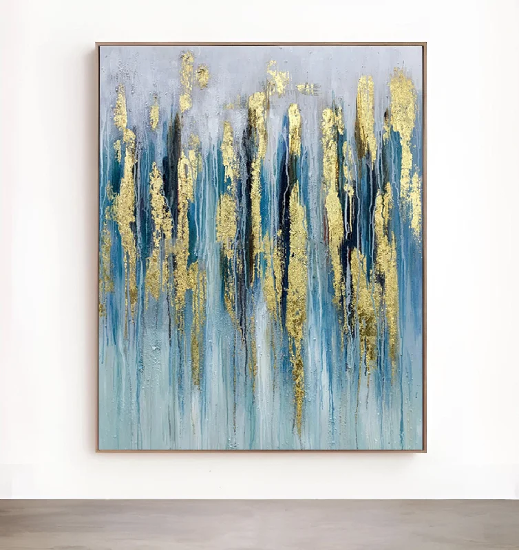 vintage geometric nature wall art-Resplendent - Extra large Blue Abstract Painting with Gold Leaf