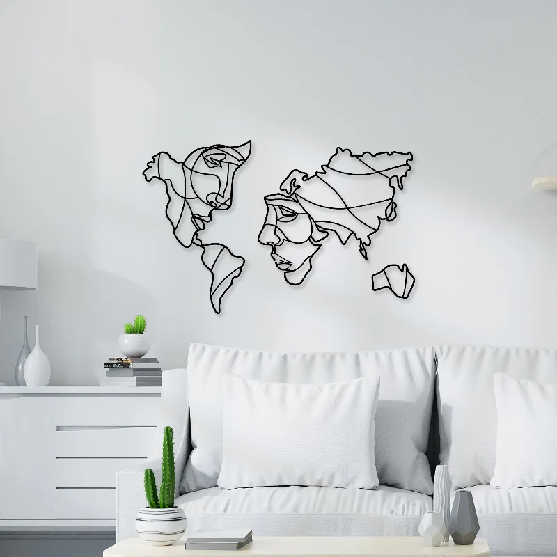 large coastal beach wall art paintings-Face Shaped World Map Metal Wall Art