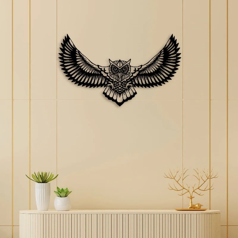 contemporary large nature paintings-Flying Owl Metal Wall Art