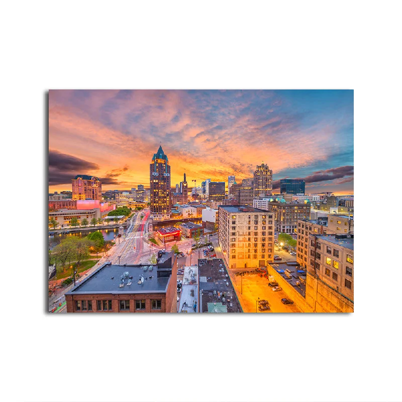 abstract modern botanical geometric paintings-Milwaukee Skyline At Dusk