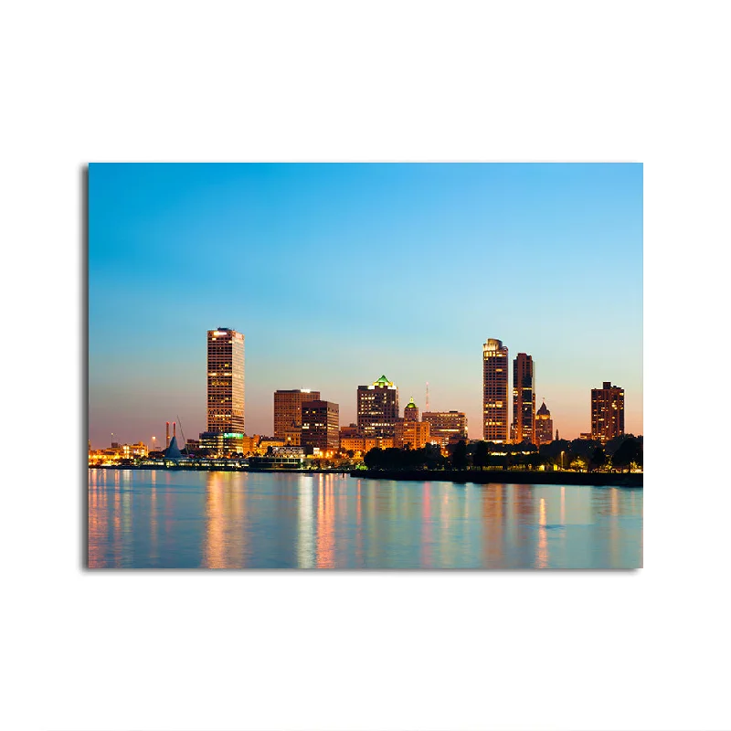 geometric retro modern floral canvas paintings-Milwaukee Skyline At Twilight