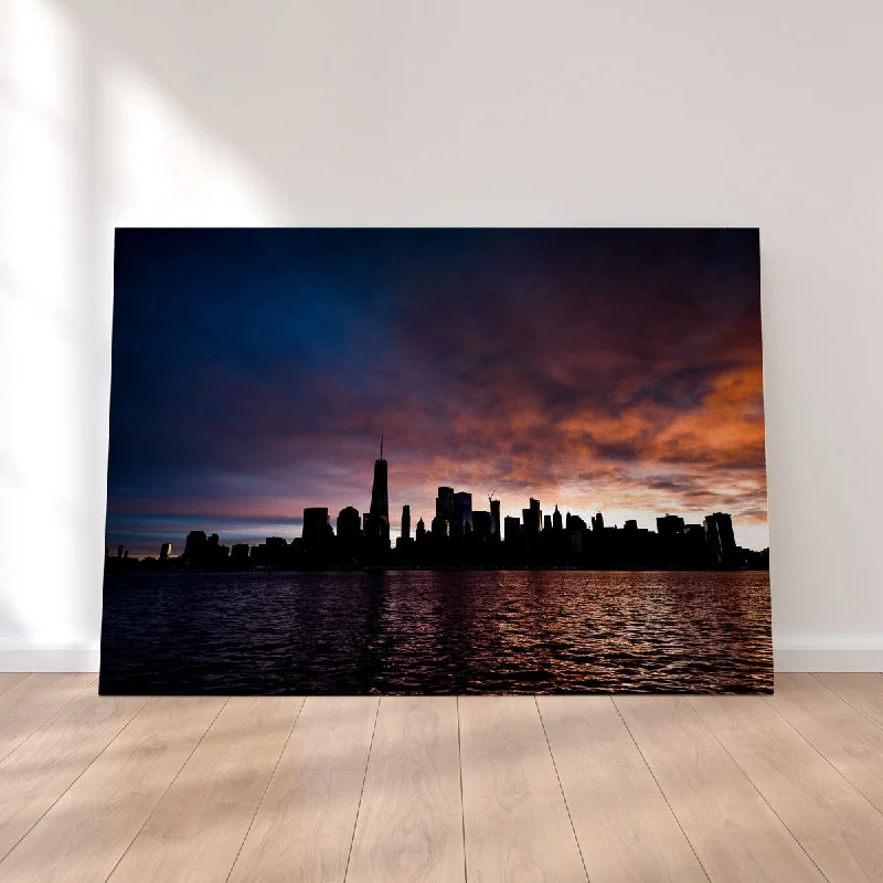 bold modern geometric floral paintings-NYC Dark Sun Skyline Canvas Set