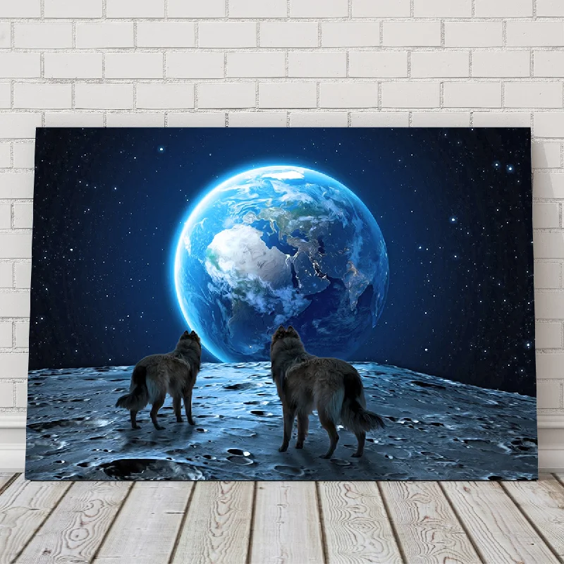 scenic retro geometric landscape paintings-Wolves on the Moon